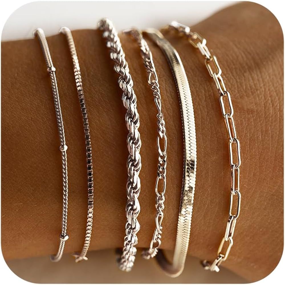 DEARMAY Dainty Silver Bracelets for Women Trendy, 925 Sterling Silver Jewelry Set for Women Brace... | Amazon (US)