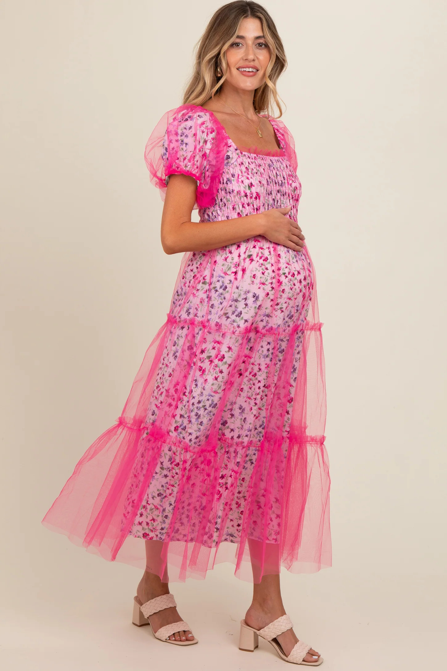 Magenta Floral Lined Smocked Tulle Maternity Midi Dress | PinkBlush Maternity