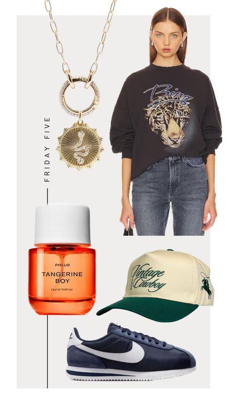 Friday Five: Shop My Wishlist 
1. Anine Bing Leopard Crew 
2. Five and Two Snake Charm with chain and clasp 
3. Phlur Tangerine Boy Perfume
4. Vintage Cowboy Baseball Hat
5.  Nike Cortez in Navy 


#LTKbeauty #LTKstyletip #LTKshoecrush