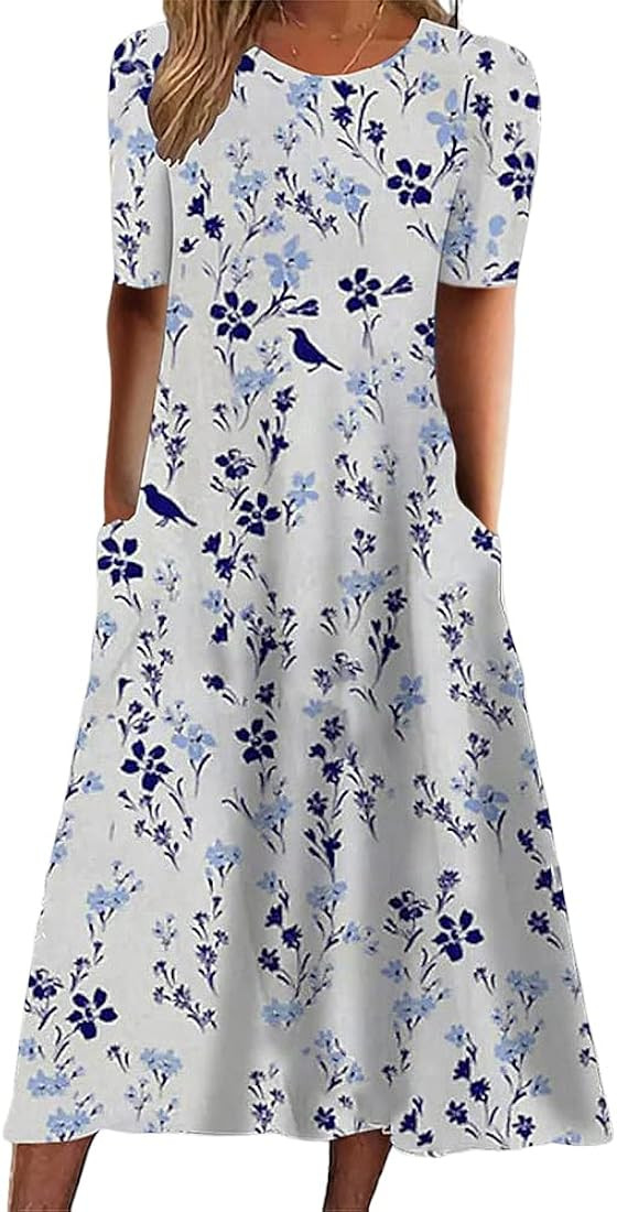 Akivide Womens Summer Boho Floral Printed Short Sleeve Midi Dress Casual Loose Dresses for Women ... | Amazon (US)
