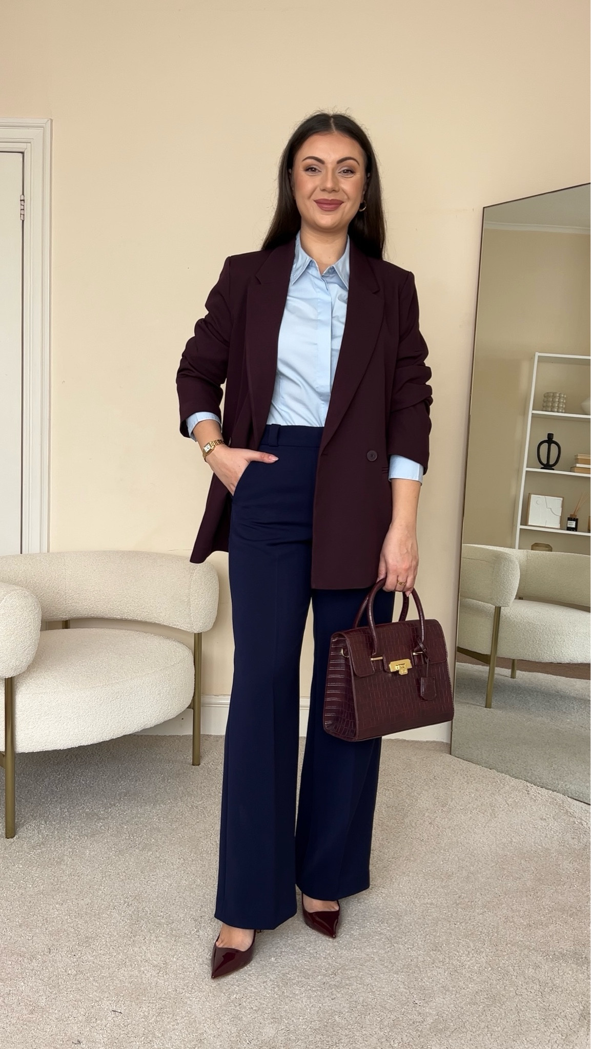 Styling navy trousers for work. Spring workwear outfit. Shirt is from Mango, wearing size UK10. Blazer is from H&M, wearing size S. Trousers are from &OtherStories, wearing size UK10.

#LTKworkwear #LTKeurope #LTKstyletip