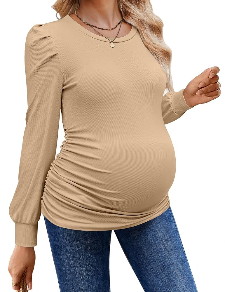 Ekouaer Women's Maternity Shirts Long Sleeve Pregnancy Tops Basic Ribbed Knit Pregnant Blouses | Amazon (US)
