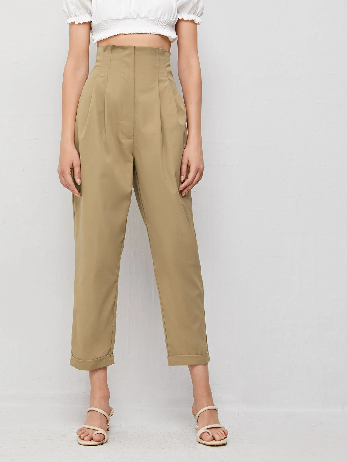 SHEIN High Waist Fold Pleat Cropped Pants | SHEIN