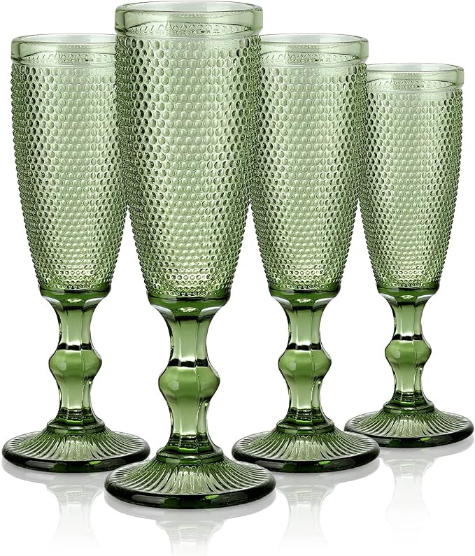 Joeyan Green Vintage Champagne Flutes Glasses Cups,Embossed Colored Toasting Goblet Glasses,Stemm... | Amazon (US)