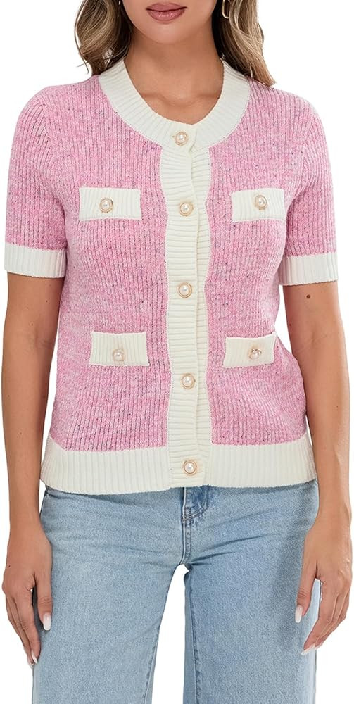 Womens Short Sleeve Button Down Cardigans Sweater Cropped Lightweight Crew Neck Elegant Knit Tops... | Amazon (US)