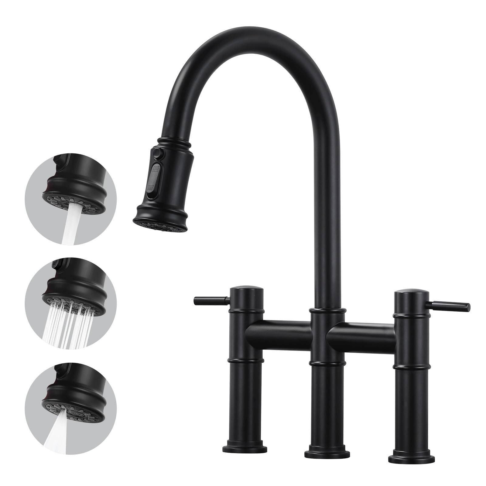 Bridge Faucet for Kitchen Sink: iVIGA Black Farmhouse 3 Hole Kitchen Faucet with Pull Down Spraye... | Amazon (US)