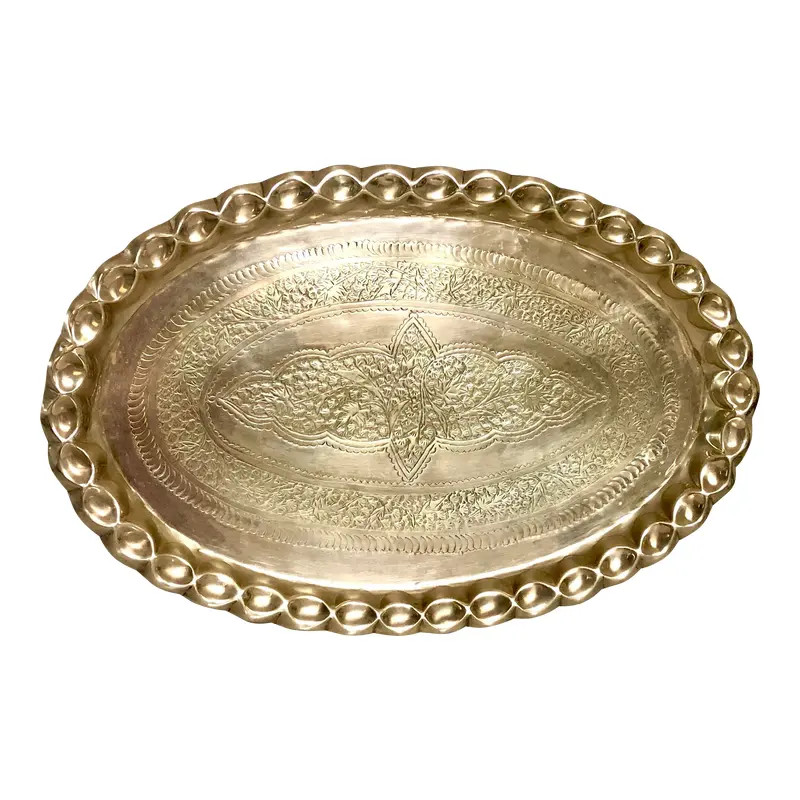 Brass Etched Decorative Tray Serving Tray Mid Century Modern Pinched Edge 25 | Chairish