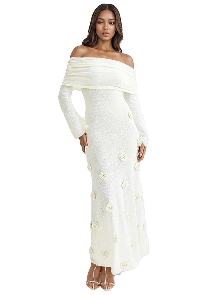 LETSVDO Women's Off The Shoulder Crochet Maxi Dress Long Sleeve Bodycon 3D Floral Knit Mesh Sweat... | Amazon (US)