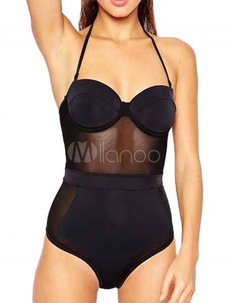 Sexy Black Swimsuit Halter Push Up Semi Sheer One Piece Bathing Suit For Women | Milanoo