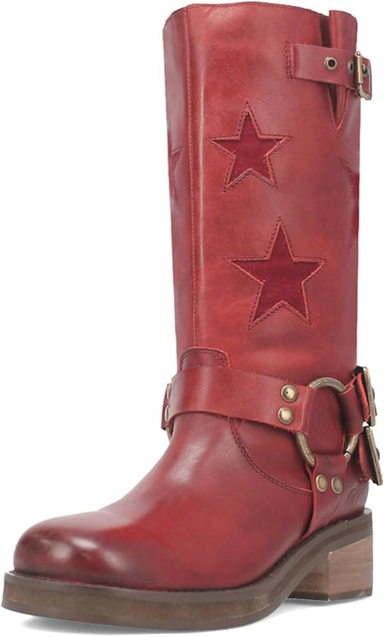 Goolita Women's Buckle Biker Knee High Boots Square Toe Chunky Heel Star Moto Mid Calf Boots Slip... | Amazon (US)