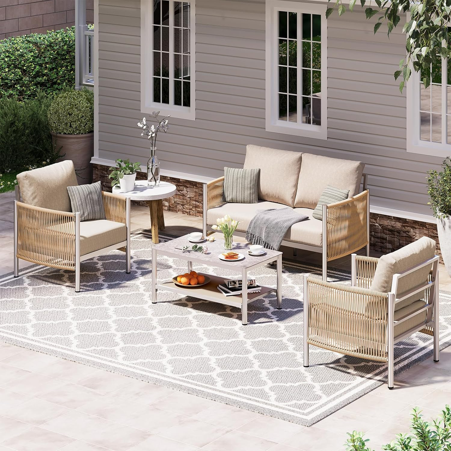 Amazon.com: Oasbira Aluminum Outdoor Patio Furniture Set with Dual-Layer Coffee Table, 5 Piece Mo... | Amazon (US)