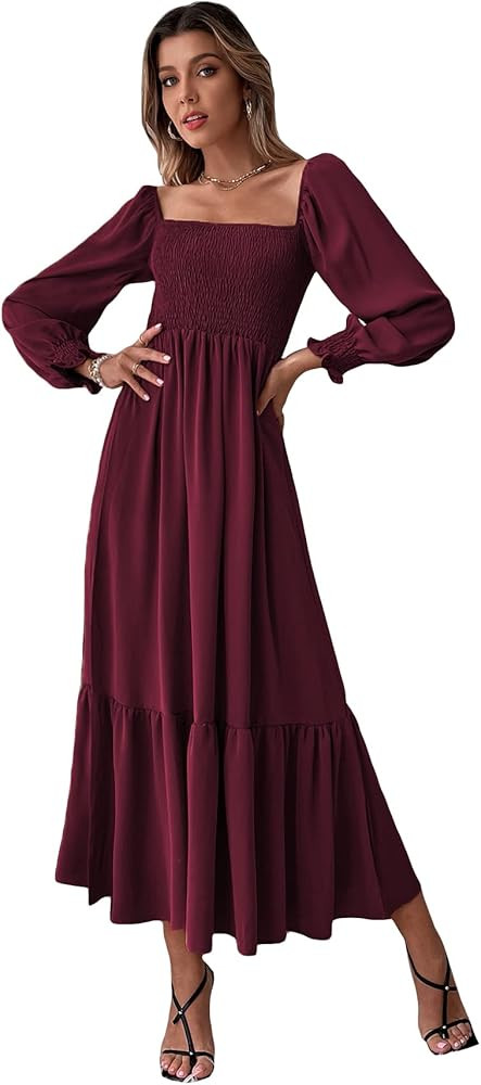 WDIRARA Women's Square Neck Flounce Shirred Ruffle Hem Elegant Long Sleeve Maxi Dress | Amazon (US)