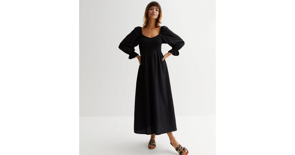 Black Shirred Long Sleeve Midi Dress
						
						Add to Saved Items
						Remove from Saved Item... | New Look (UK)
