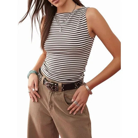 Women'S Striped Tank Top Boat Neck Sleeveless Crop Tops Summer Slim Fit Tops Gray L | Walmart (US)
