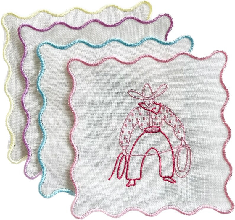 Cowboy Cocktail Napkin / Set of 4 / Scalloped / Coasters / Hostess Gift / Linen / Embroidered / P... | Etsy (US)