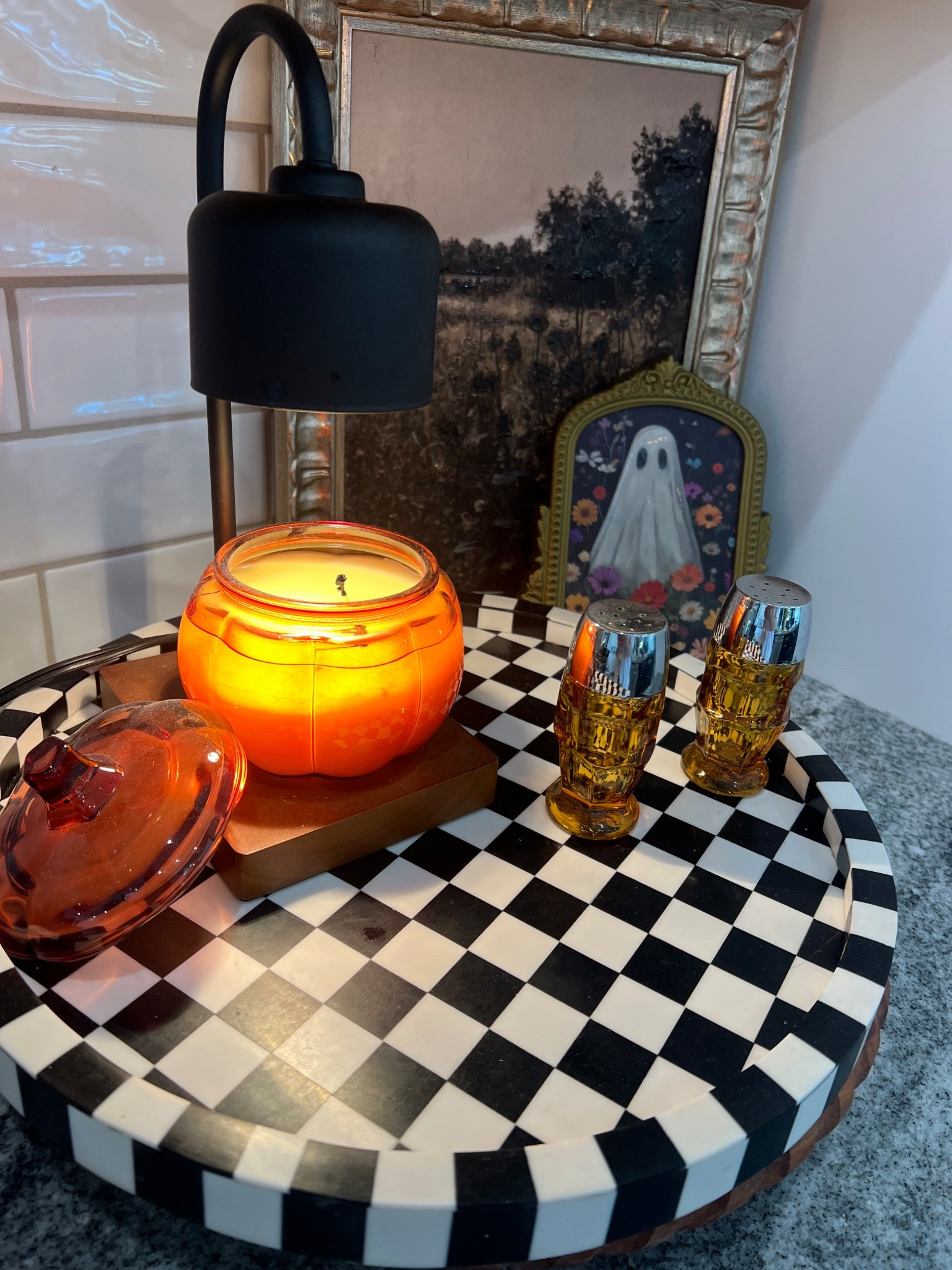 A lamp candle warmer makes my entire house smell delicious! I love this corner of my counter top in my kitchen! Moody prints are my favorite! 

#LTKFindsUnder50 #LTKHome #LTKSeasonal
