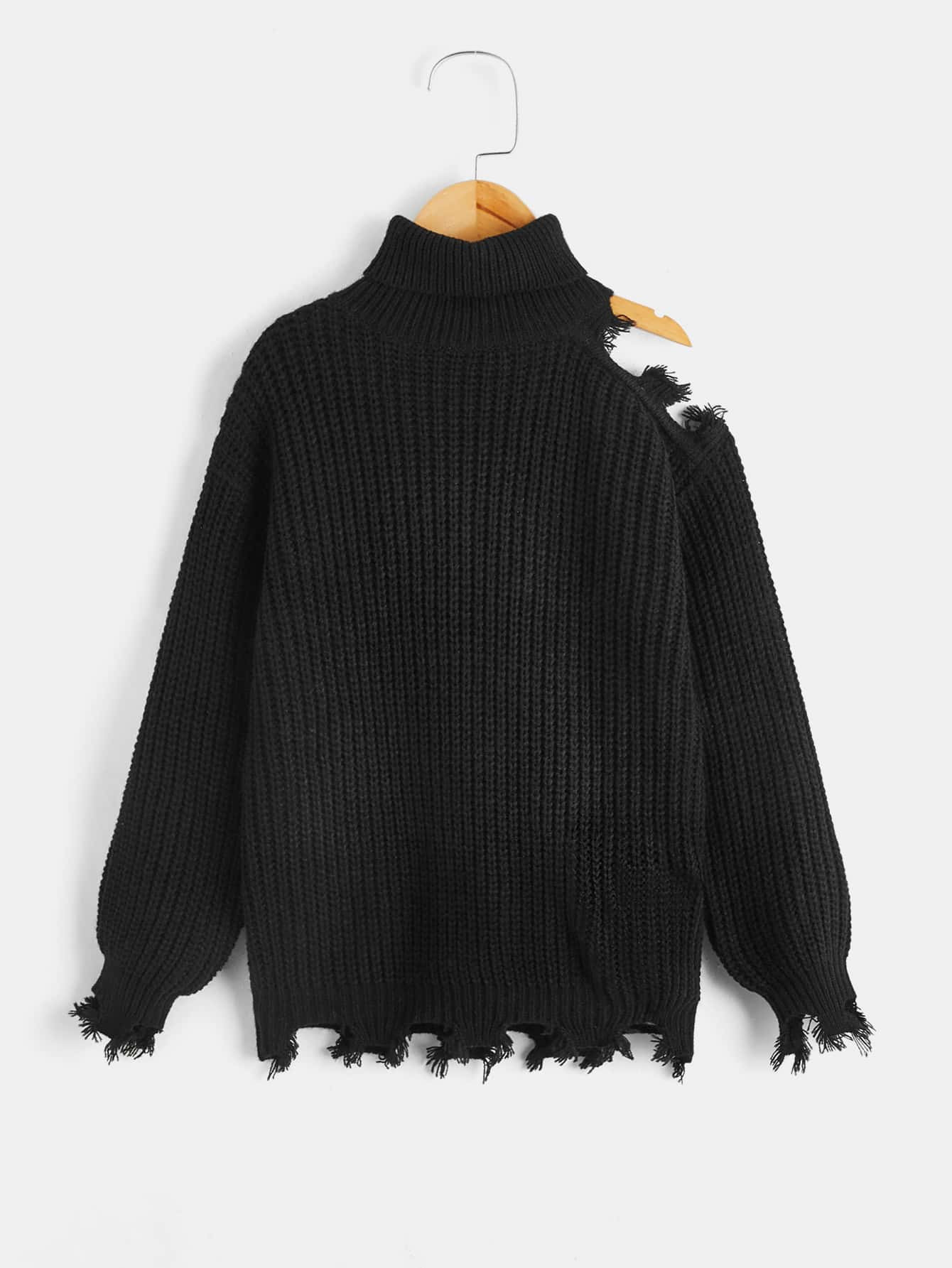 Girls Distressed Trim Turtleneck Sweater | SHEIN
