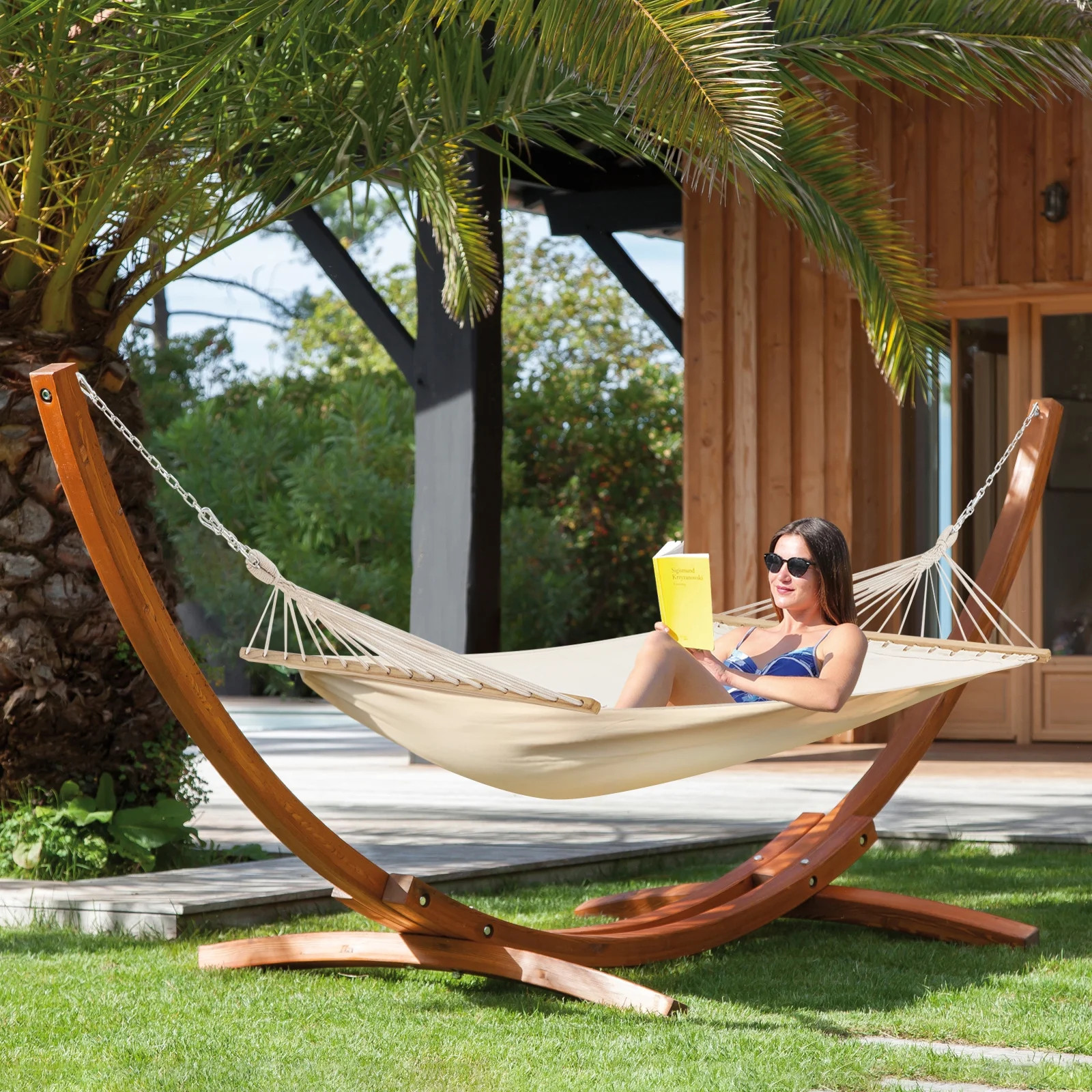 AVAWING 14FT Outdoor Wooden Double Hammock with Stand, Patio Premium Quilted Camping Hammock, Whi... | Walmart (US)