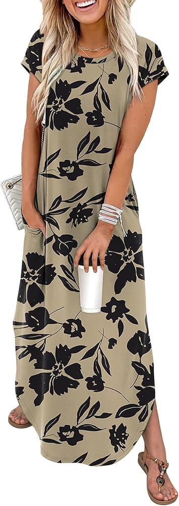 WIHOLL Summer Dresses Cap Sleeve Crewneck Maxi Long Casual Dress with Pockets Beach Vacation Sund... | Amazon (US)