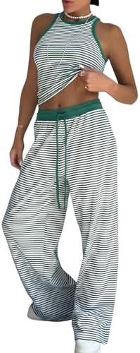 EXLURA Womens Cotton Summer 2 Piece Outfits Striped Halter Tops Matching Wide Leg Pant Sets Loung... | Amazon (US)