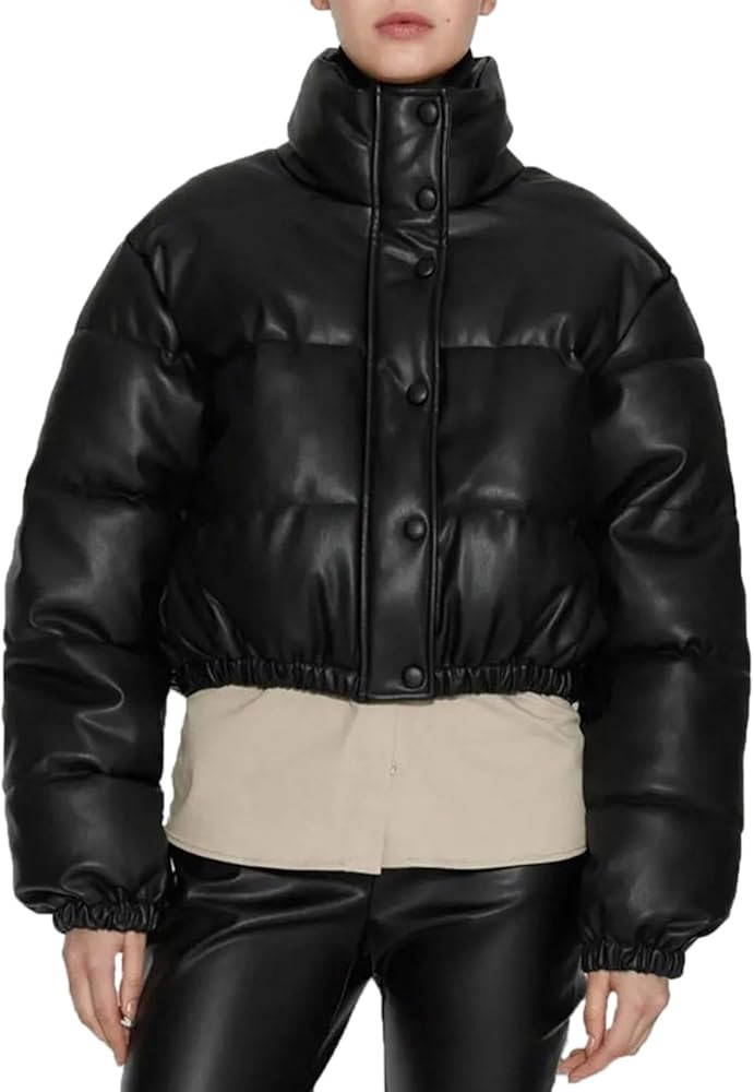 Women's Cropped Leather Puffer Jacket Quilted Short Down Coat Winter Warm Oversized Snow Outerwea... | Amazon (US)