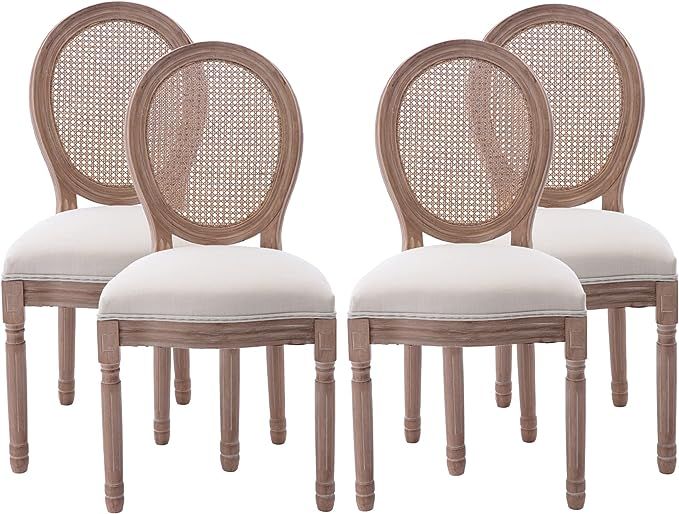 Nrizc Farmhouse Fabric Dining Room Chairs Set of 4, French Chairs with Round Back, Rattan Dining ... | Amazon (US)