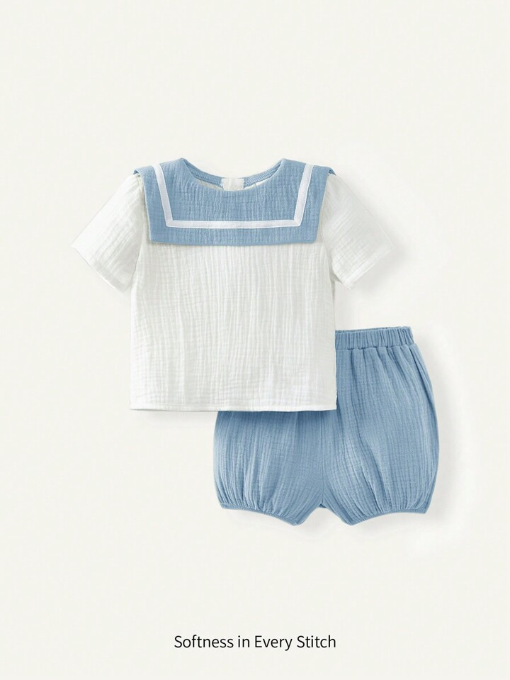 Cozy Cub Baby Boy Navy Collar Round Neck Short Sleeve Top And Bubble Shorts Set | SHEIN