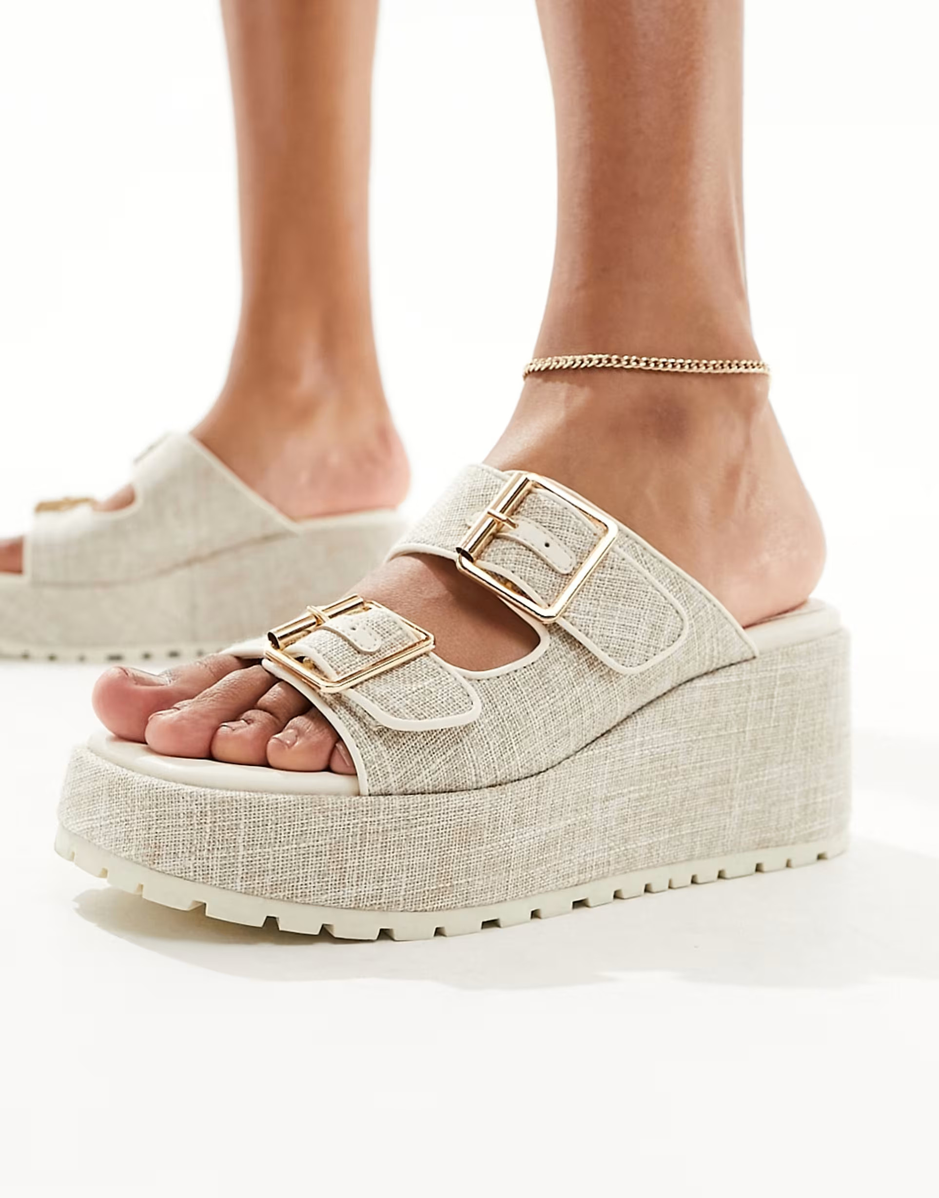 ASOS DESIGN Texas buckle detail wedge mules in natural | ASOS (Global)