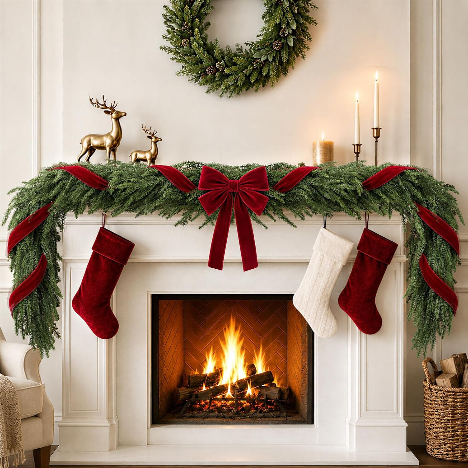 Christmas Decor - 6FT Norfolk Pine Garland with Ribbon Bows Red Velvet | Amazon (US)