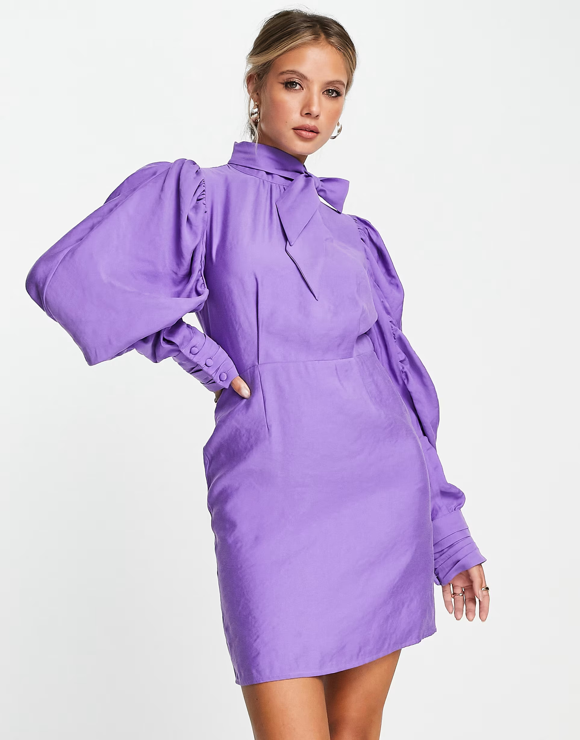 & Other Stories pussy bow volume sleeve mini dress in purple | ASOS (Global)