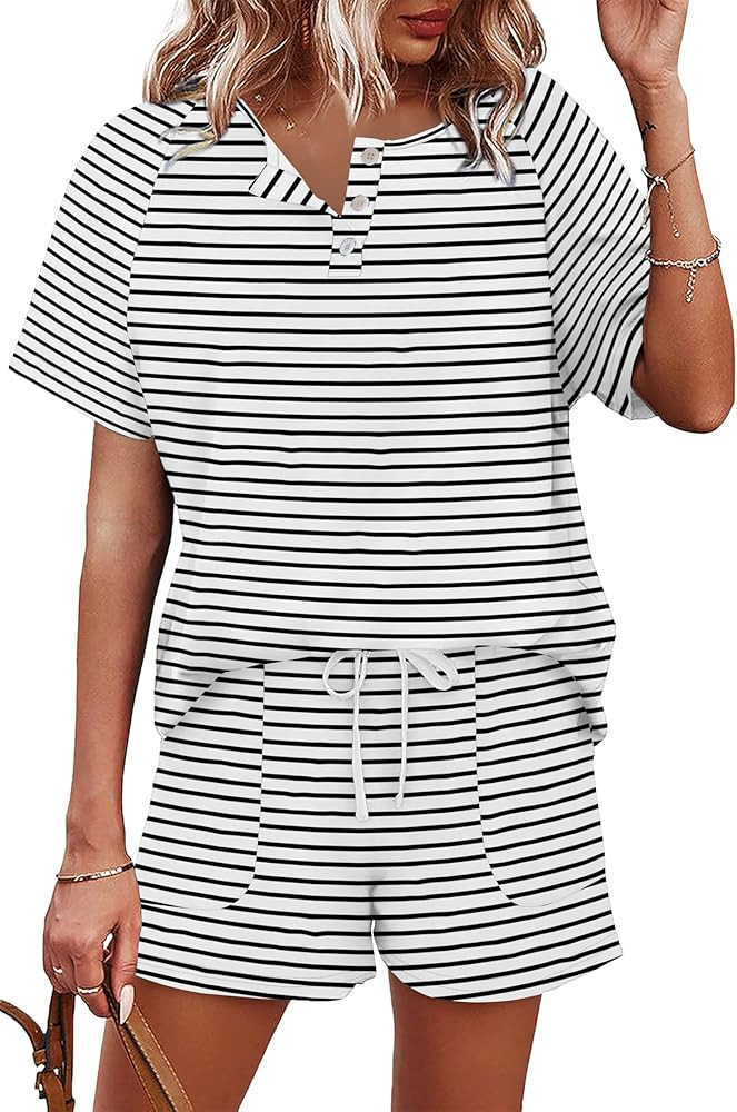 WIHOLL Two Piece Outfits for Women Lounge Sets Button Down Top and Shorts Set Sweatsuits with Poc... | Amazon (US)