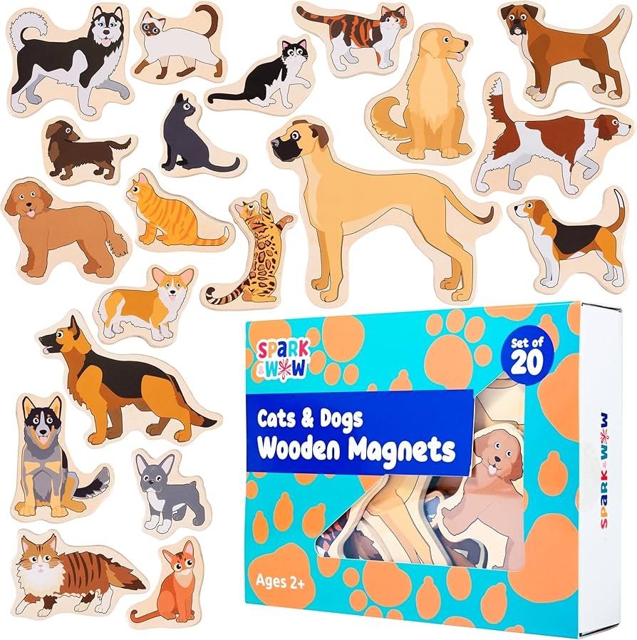 SPARK & WOW Wooden Magnets - Cats and Dogs - Set of 20 - Magnets for Kids Ages 2+ - Cute Cat and ... | Amazon (US)