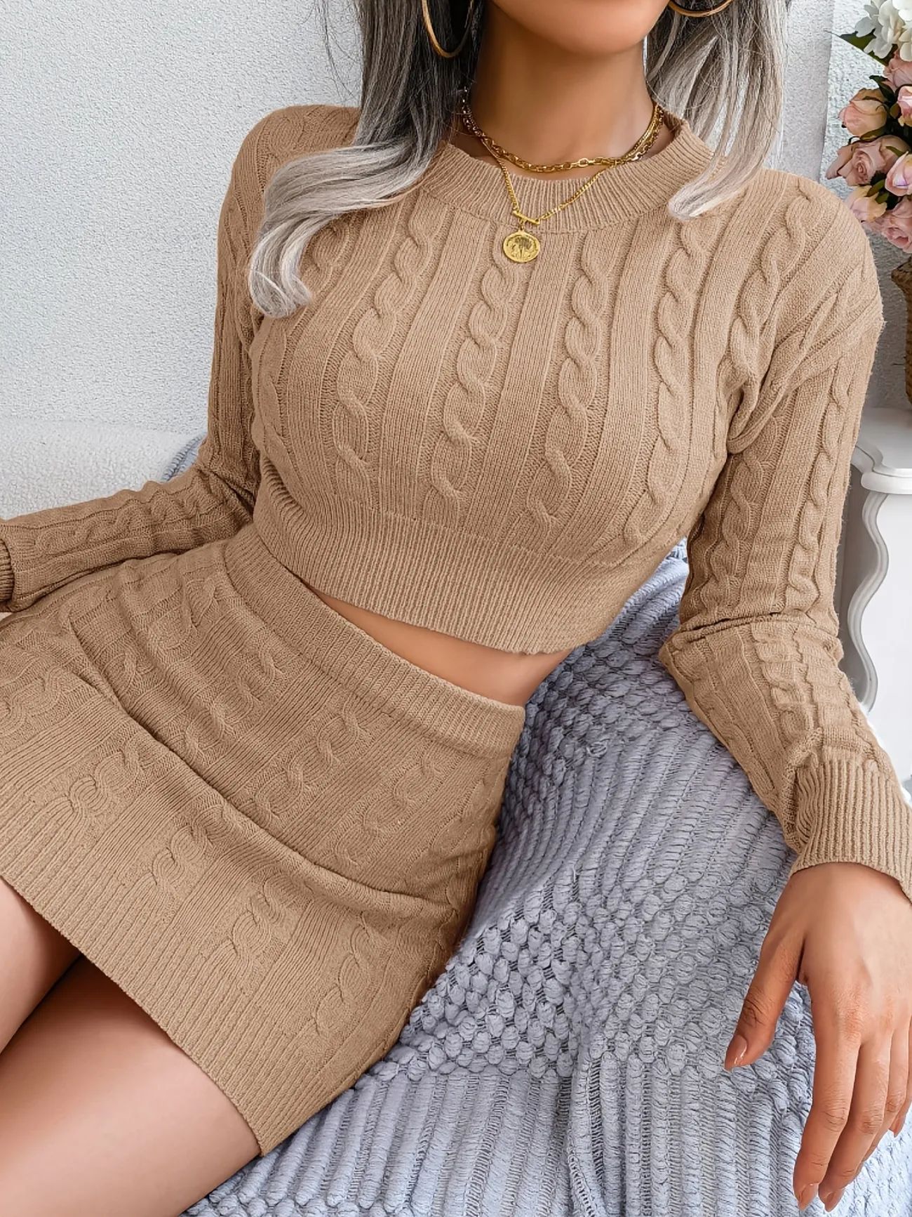 Sexy Cable Bodycon Knitted Skirt Suits Two-piece Set, Long Sleeve Crop Tops & High-waisted Slim S... | Temu Affiliate Program