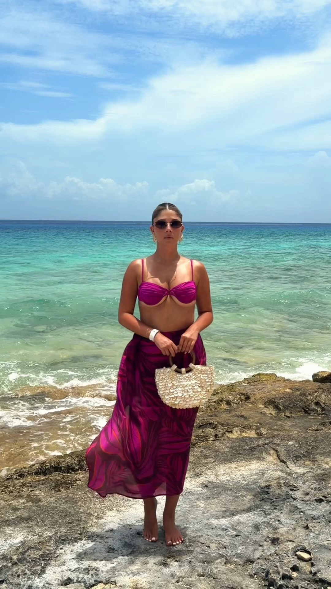 vacation outfits beach , vacation outfit inspo , Zara purple swimsuit and print coverup , Zara pearl bag and sandals  , starfish earrings , sojos sunglasses

#LTKootd #LTKSwim #LTKTravel