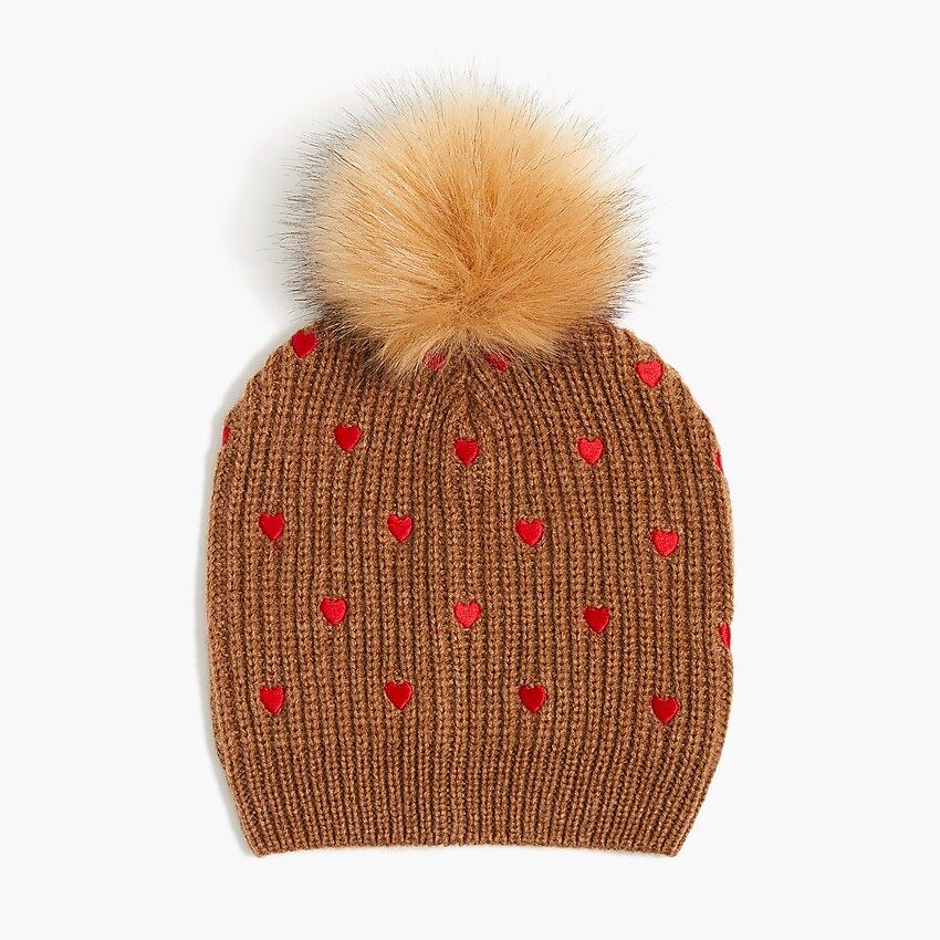 Embroidered heart pom-pom beanie hat | J.Crew Factory