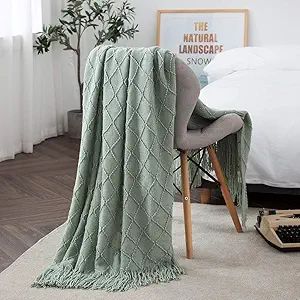 TREELY Aqua Throw Blanket with Fringe Tassels Knitted Throw Blanket Textured Solid Decorative Kni... | Amazon (US)