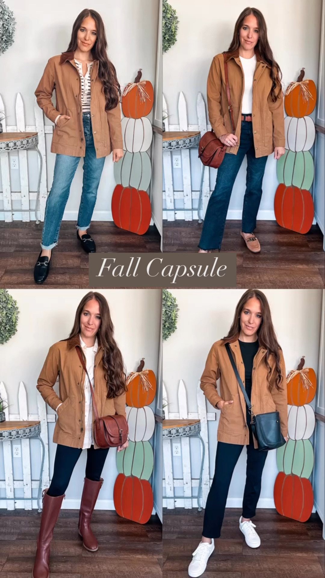 How to style a Barn Jacket! 
Fall capsule series! 
Wearing XS in jacket 
XS in plaid top 
Tees size small 
Shoes tts 
Jeans size up one 
Black jeans tts petite 
Joggers XS 
Leggings small short 

#LTKFindsUnder100 #LTKFindsUnder50 #LTKStyleTip