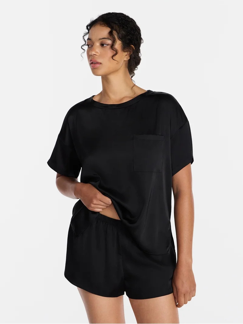 Joyspun Women\u2019s Short Sleeve Stretch Satin Top and Shorts Pajama Set, 2-Piece, Sizes XS-3X | Walmart (US)