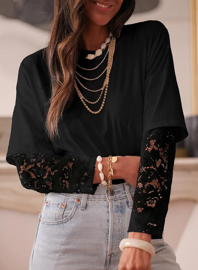 Acelitt Womens Mesh Long Sleeve Tops Crewneck Lace Blouse Shirts,S-XXL | Amazon (US)