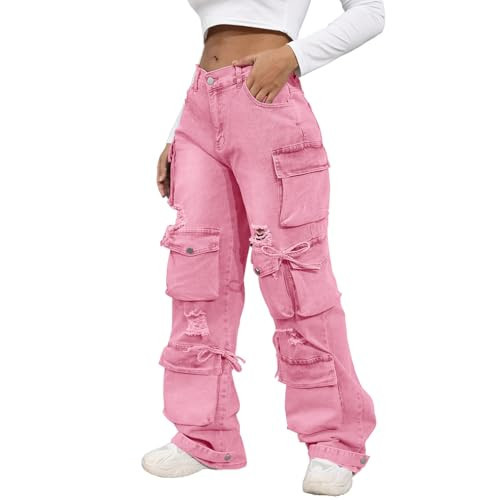 ThusFar Cargo Jeans for Women Y2K High Waisted Baggy Jeans Ripped Straight Wide Leg Denim Pants Streetwear Pink M | Amazon (US)