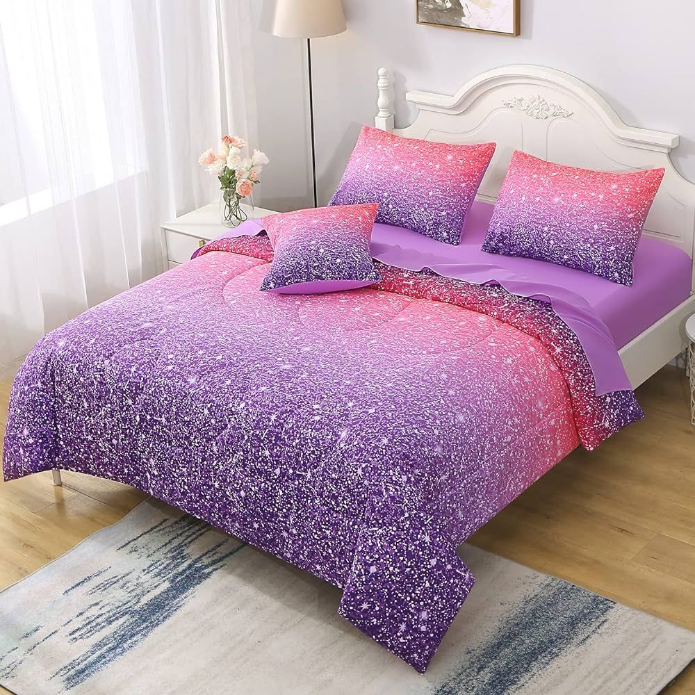 6Pcs Glitter Comforter Set with Sheets for Teens Girls Kids, Colorful Gradient Glitter Themed Bed... | Amazon (US)