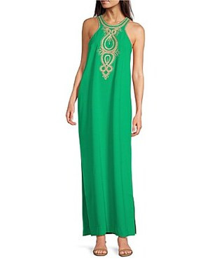Lilly Pulitzer Taylane Satin Back Crepe Scoop Neck Sleeveless Embroidered Maxi Shift Dress - 6 | Dillard's