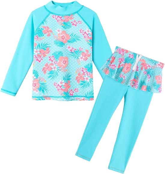 TFJH E Girls Long Sleeve Swimsuits Skirt 2-Pieces Rash Guard Set Sun Protection UV 50+ | Amazon (US)