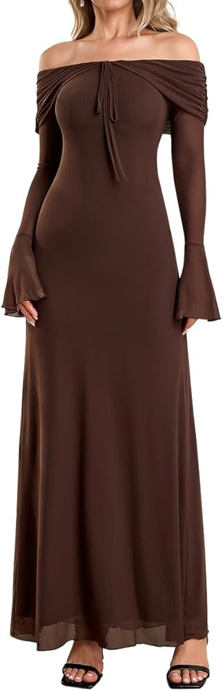 Off Shoulder Long Sleeve Maxi Dress Bodycon Tie Party Formal Wedding Guest Dresses for Women 2025 | Amazon (US)