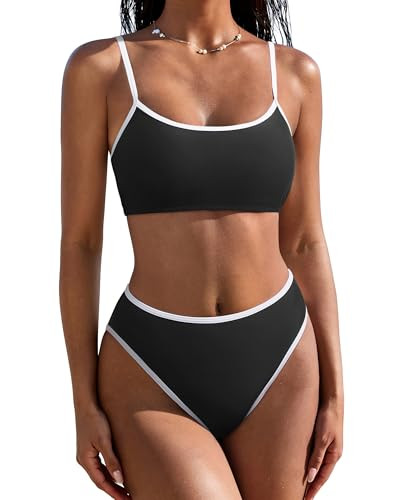 SUUKSESS Women High Waisted Two Piece Bikini Sets Cheeky High Cut Bandeau Swimsuits Push Up Bathing Suit(Black and White,M) | Amazon (US)