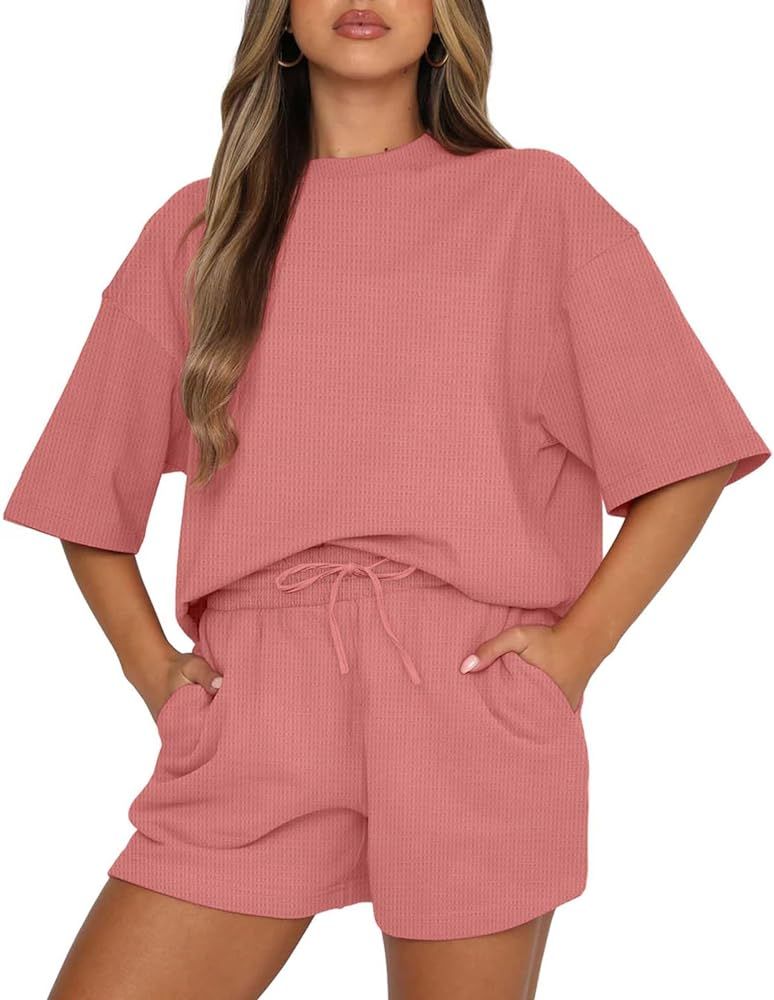 BWQ Womens Pajama Sets Short Sleeve Waffle Top and Shorts 2 Piece Tracksuit Outfits | Amazon (US)