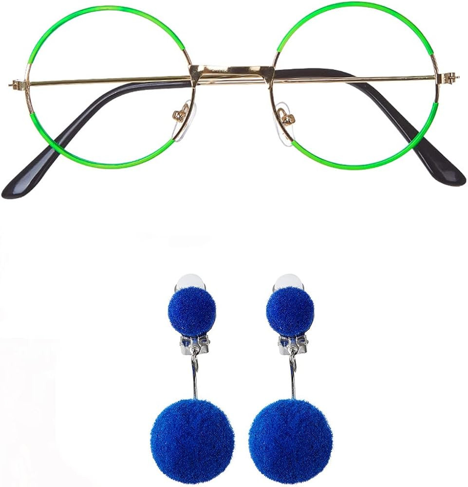 Green Glasses with Blue Clip-on Earrings Round Metal No Lens Kids Costume Accessories | Amazon (US)