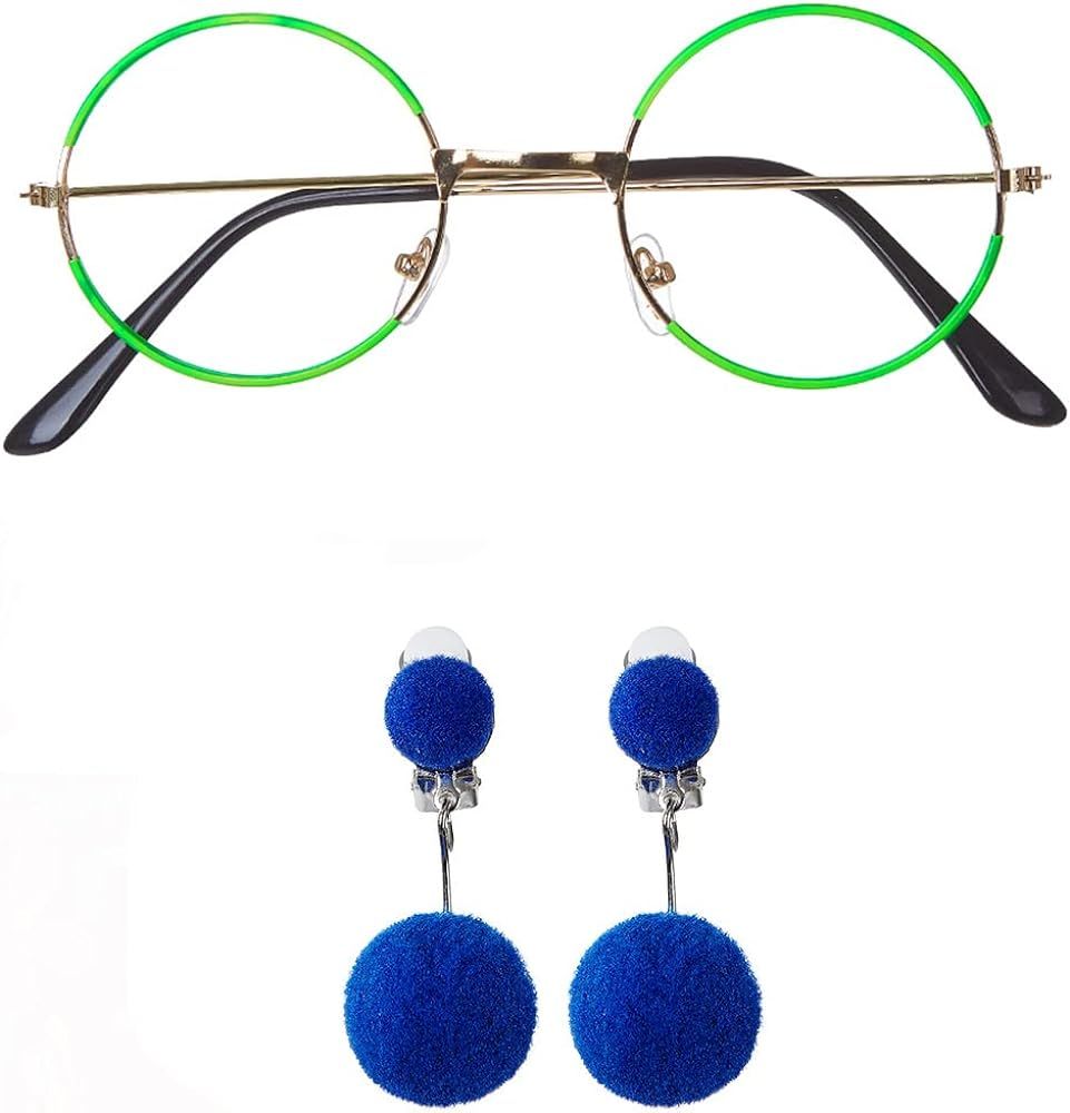 Green Glasses with Blue Clip-on Earrings Round Metal No Lens Kids Costume Accessories | Amazon (US)