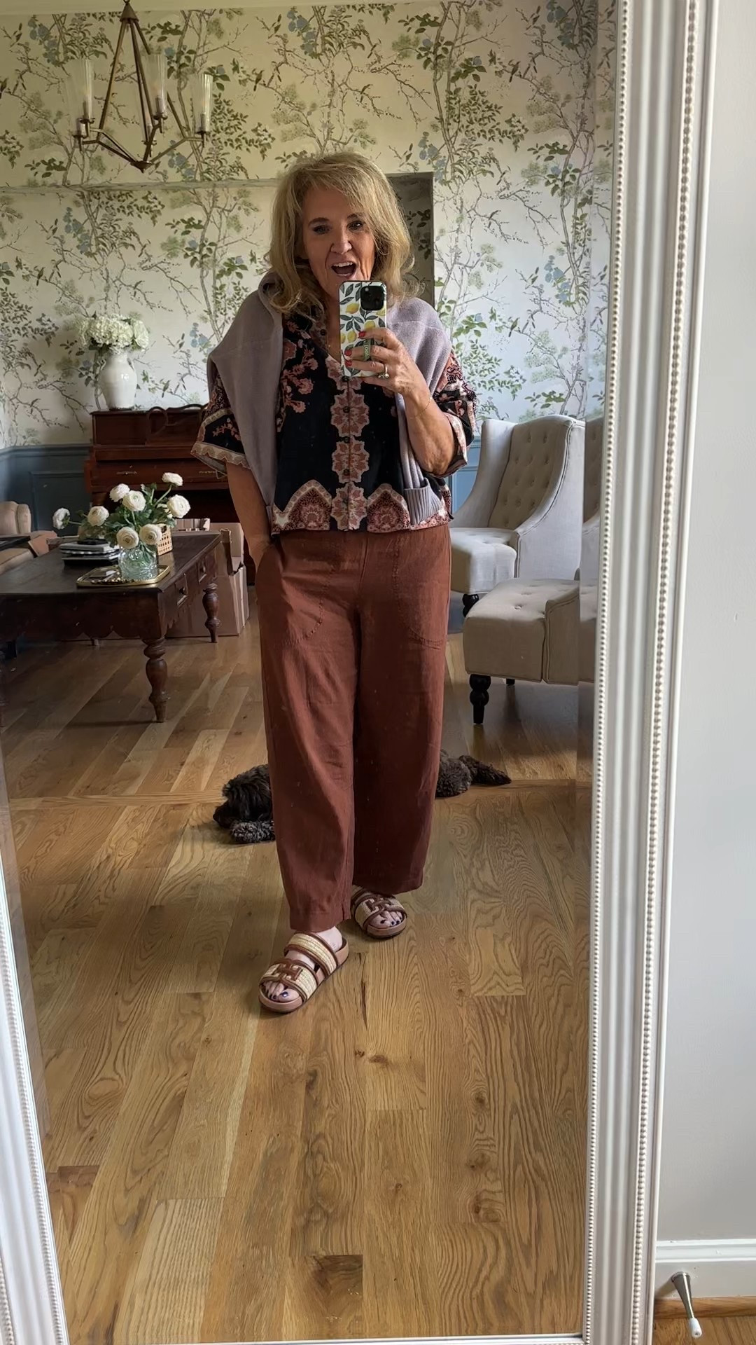 Cleobella top size medium but it does run big. I like this relaxed fit. Code NANETTE15 15% off in anything not on sale. But this blouse is already on sale! 
Anthropologie pants super comfy relaxed and loose. Size down. Wearing a small
Sandals comfy and true to size and on sale. 
Vintage rose color cardigan is restocked at quince! 

#LTKOver40 #LTKSaleAlert #LTKFindsUnder100