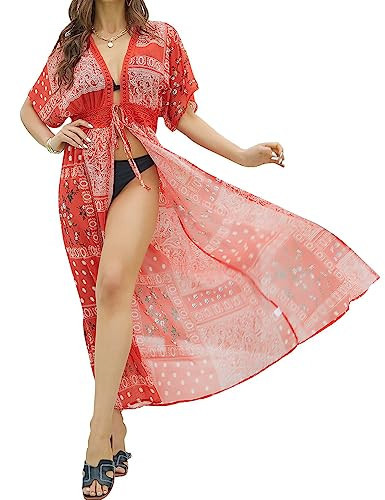 FANCYINN Womens Long Floral Chiffon Kimono Sheer Cover Up Boho Bohemian Dress Beach Wears Bikini Cover Ups S | Amazon (US)